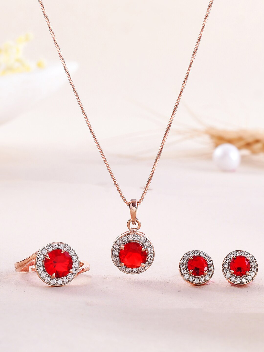 

Voylla Rose Gold-Plated Red Round Cut Zirconia Pendant Set
