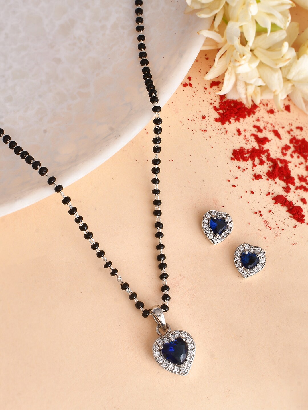 

Voylla Rhodium-Plated Blue Heart Shaped Mangalsutra Set