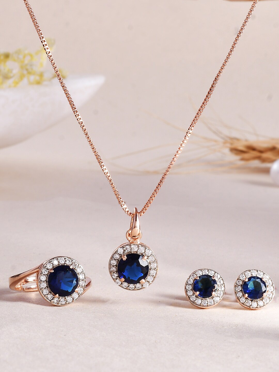 

Voylla Rose Gold-Plated Blue Round Cut CZ Pendant Set