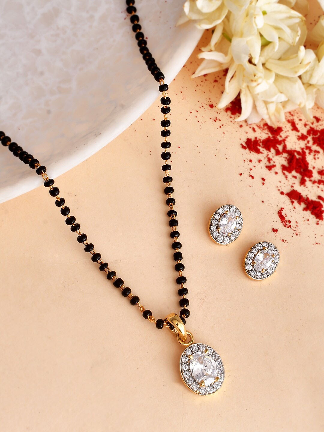 

Voylla Gold-Plated White Oval CZ Studded Mangalsutra Set