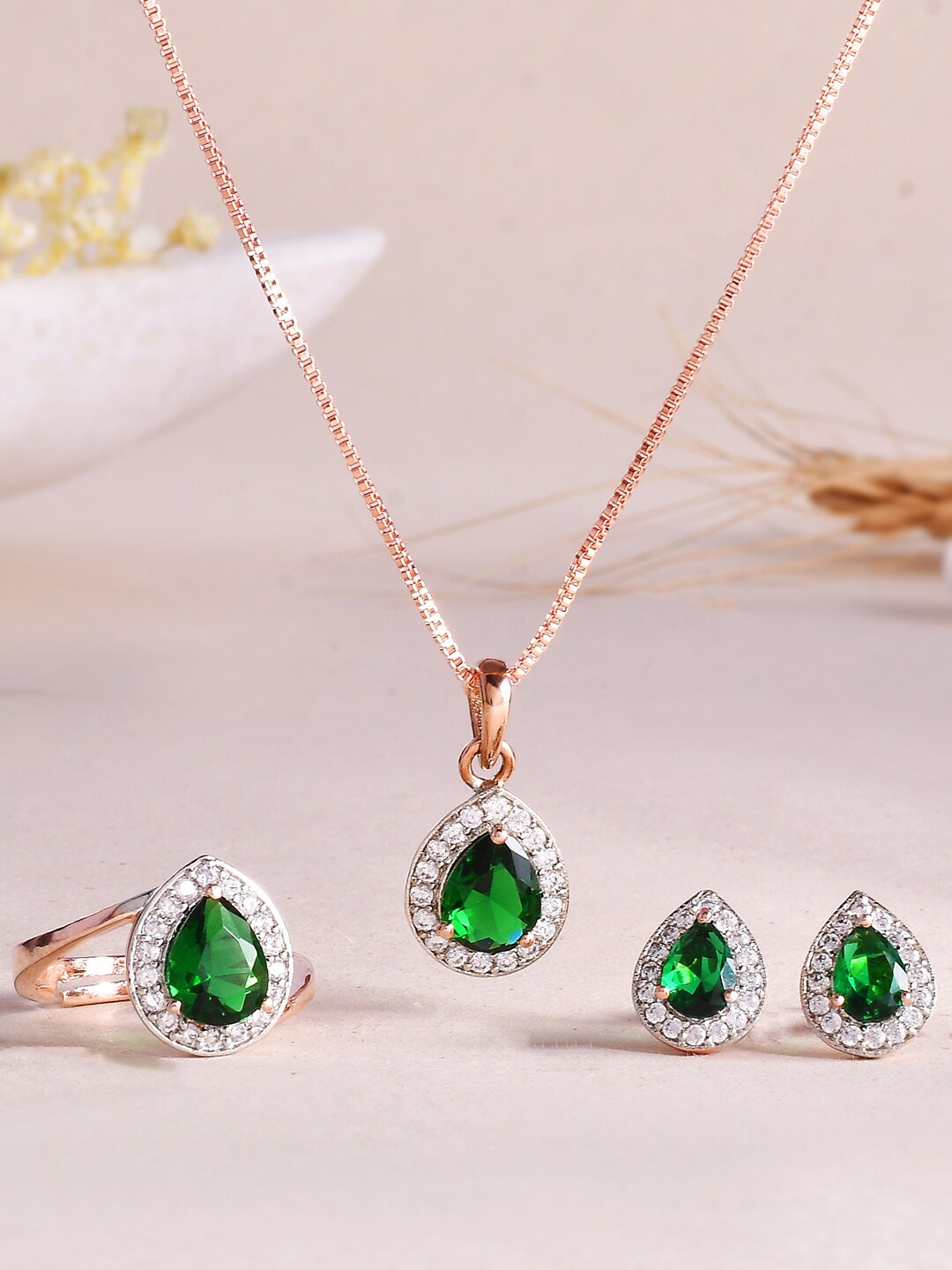 

Voylla Rose Gold-Plated Green Teardrop Cut Zirconia Pendant Set