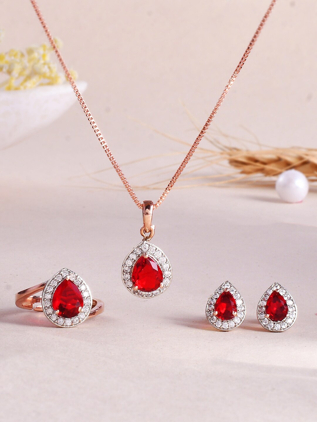 

Voylla Rose Gold-Plated Pink Teardrop Cut CZ Pendant Set