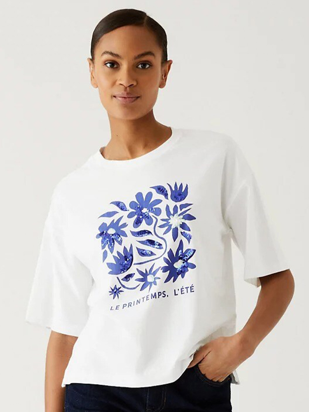 

Marks & Spencer Floral Printed Drop-Shoulder Sleeves Pure Cotton T-shirt, White