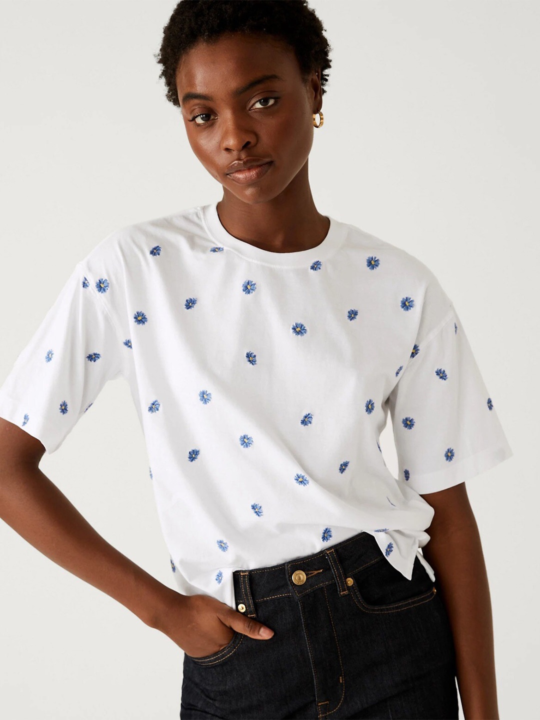 

Marks & Spencer Floral Printed Pure Cotton T-shirt, White