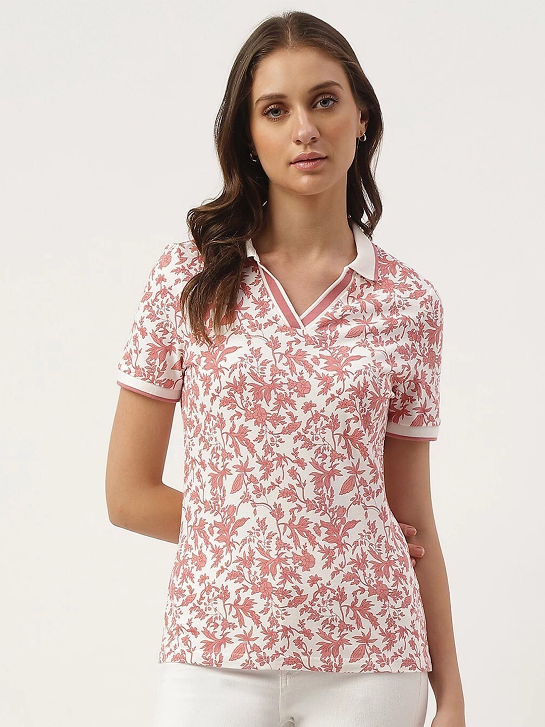 

Marks & Spencer Floral Printed Polo Collar Pure Cotton T-shirt, Pink