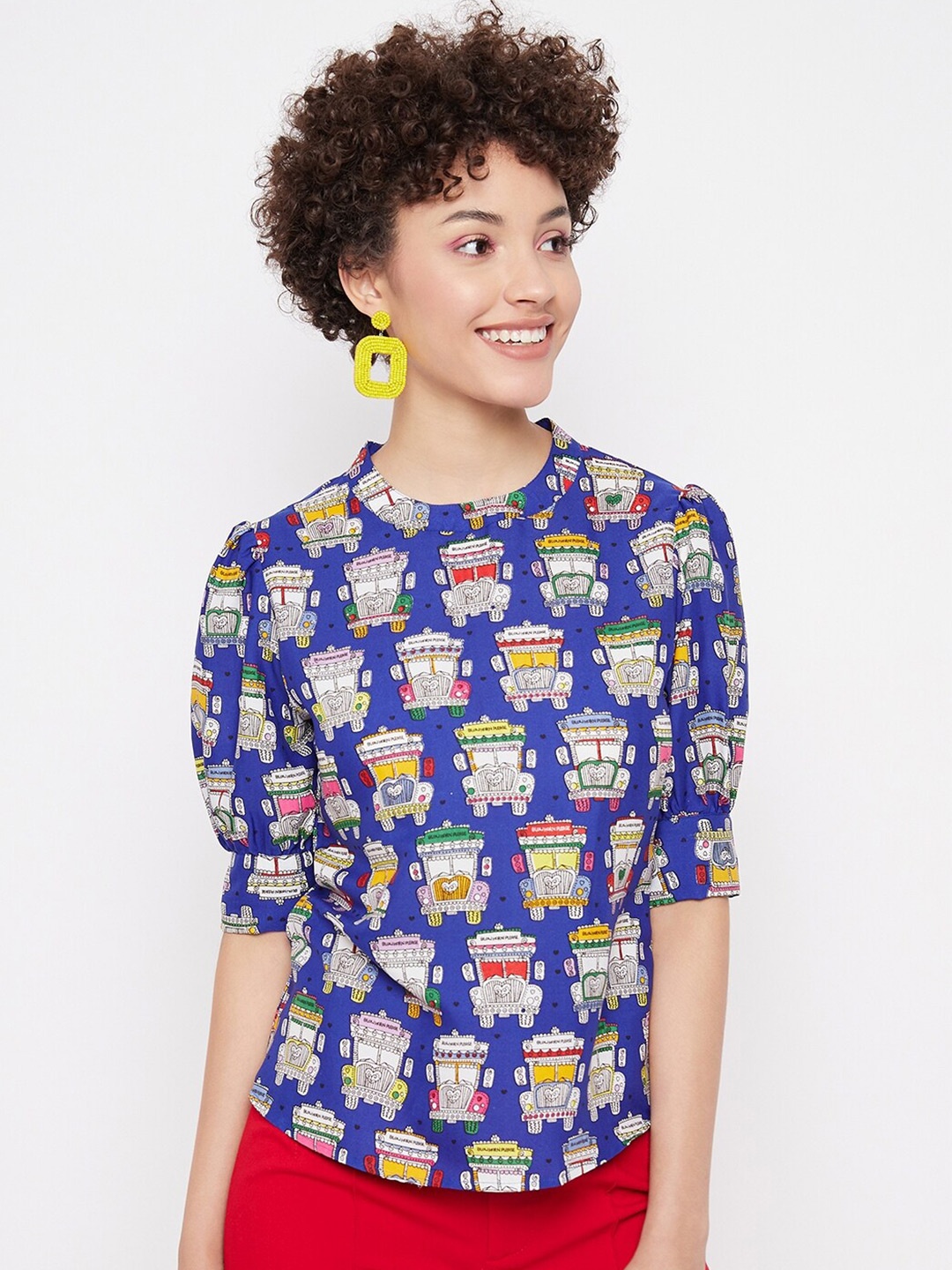 

Uptownie Lite Printed Round Neck Puff Sleeves Top, Blue