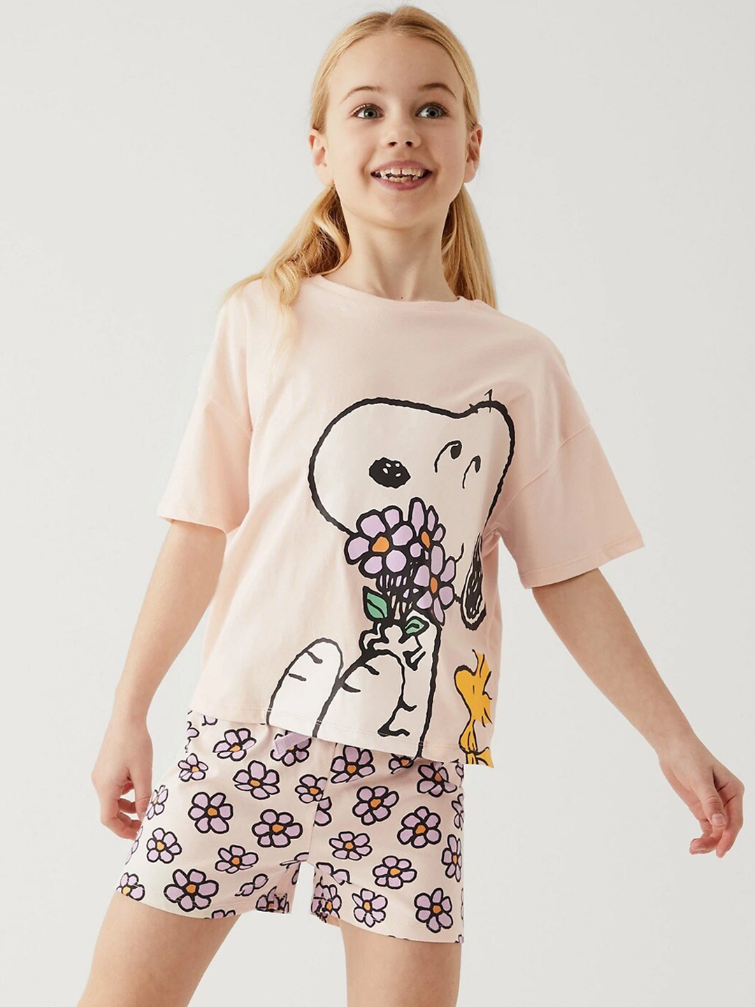 

Marks & Spencer Girls Snoopy Printed Night suit, Peach