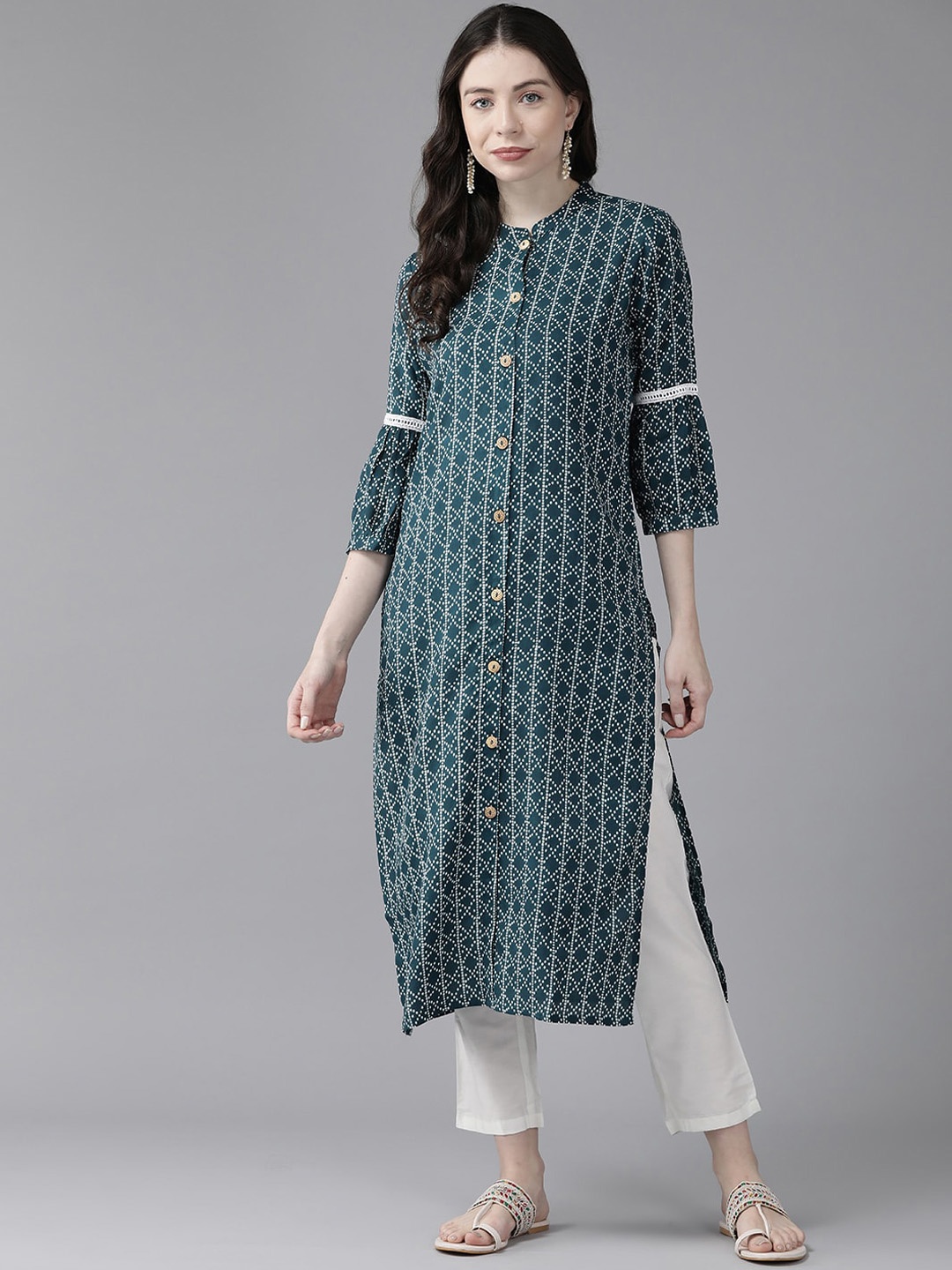 

Yufta Teal Bandhani Printed Straight Pure Cotton Kurta