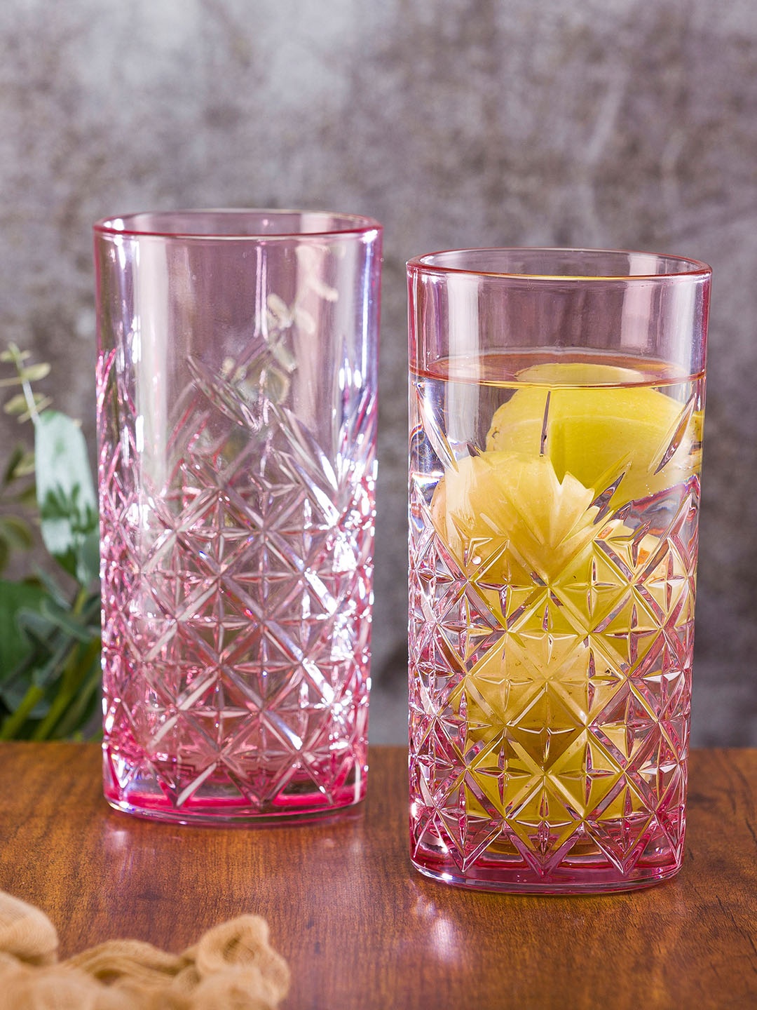 

Pasabahce Timeless 2 Pcs Pink Embossed Long Glass Tumbler 450 ML Each