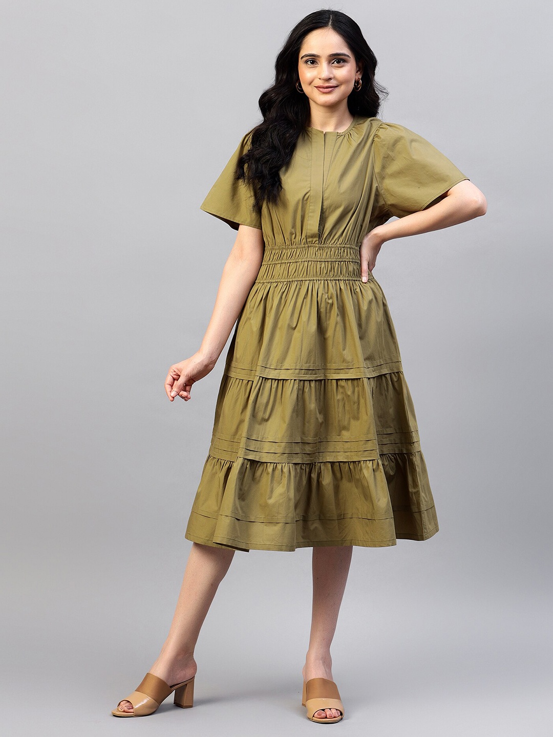 

Hencemade Puff Sleeves Smocked Detailed Tiered Cotton Fit & Flare Midi Dress, Green