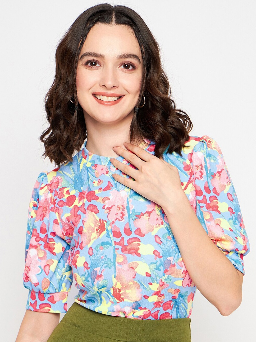 

Uptownie Lite Blue Floral Printed Puff Sleeves Top