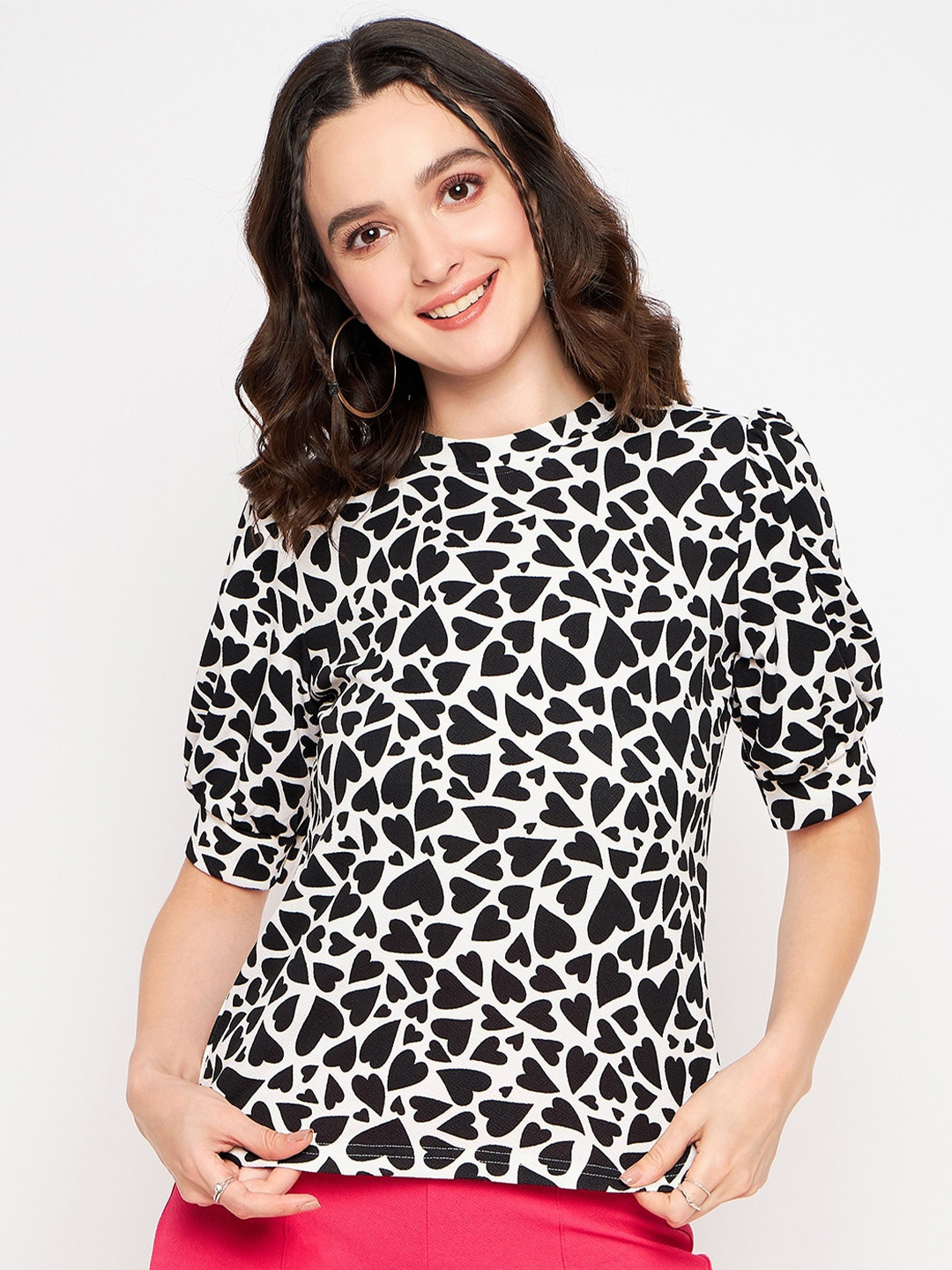 

Uptownie Lite Monochrome Conversational Printed Puff Sleeves Top, Black