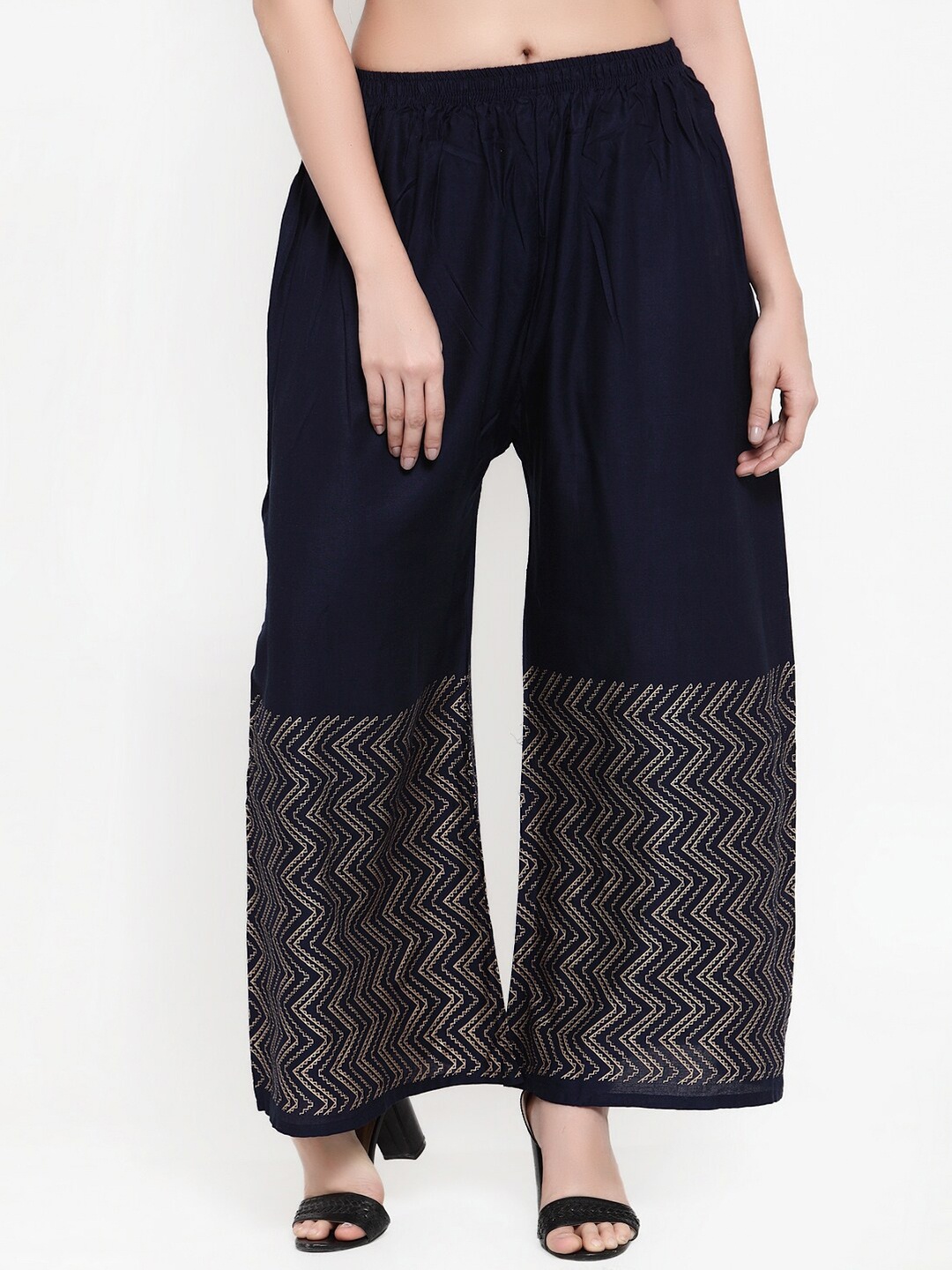 

Miaz Lifestyle Women Ethnic Motifs Printed Chambray Palazzos, Navy blue