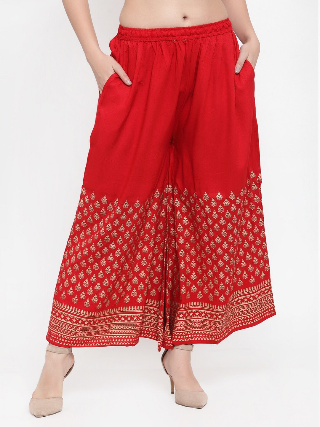 

Miaz Lifestyle Women Ethnic Motifs Printed Chambray Palazzos, Red