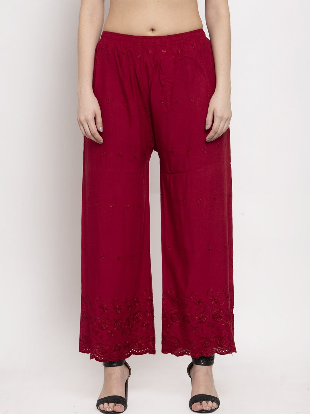 

Miaz Lifestyle Women Ethnic Motifs Embroidered Chambray Palazzos, Maroon