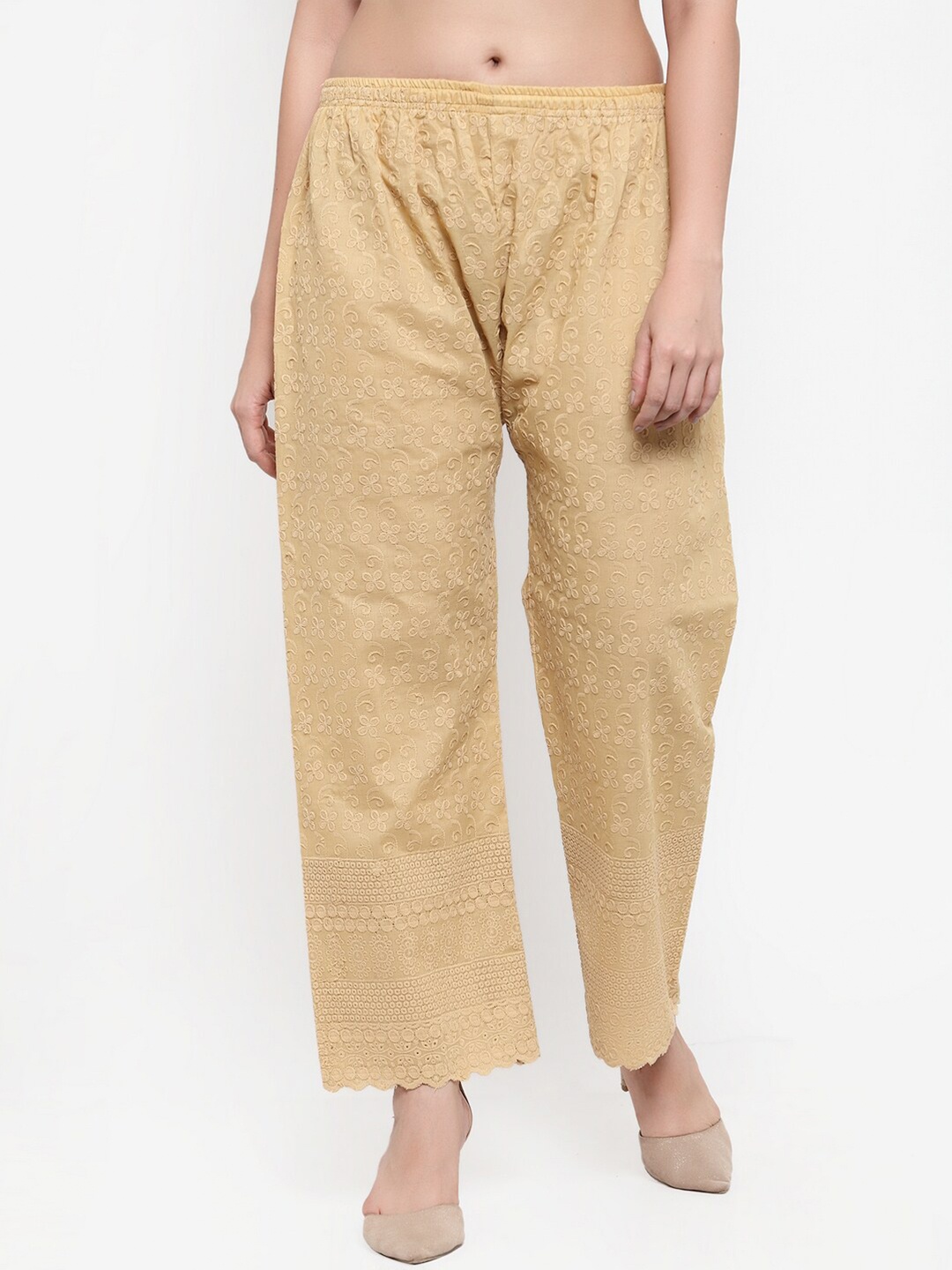 

Miaz Lifestyle Women Floral Embroidered Chambray Palazzos, Beige