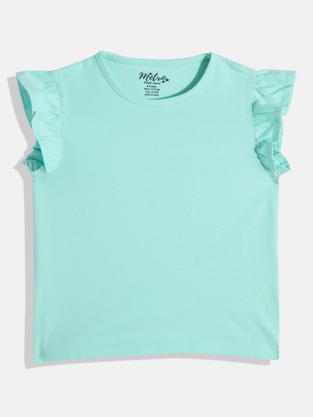 

METRO KIDS COMPANY Girls Flutter Sleeves Pure Cotton Top, Turquoise blue