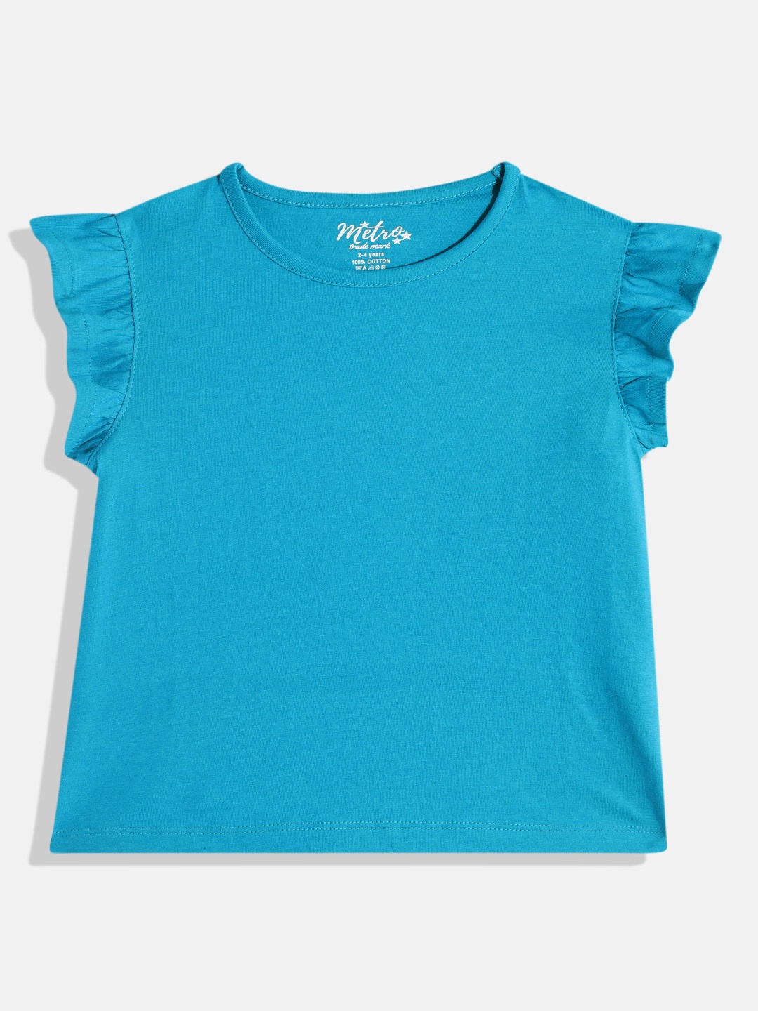 

METRO KIDS COMPANY Girls Solid Flutter Sleeve Pure Cotton Top, Blue