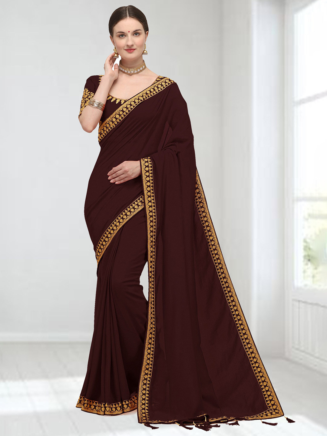 

N N ENTERPRISE Embroidered Saree, Brown