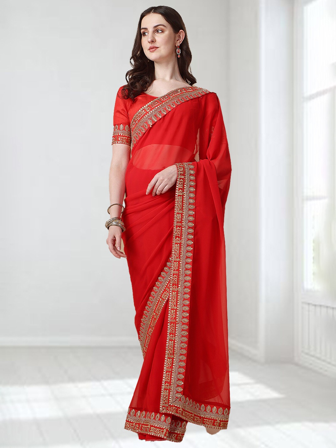 

N N ENTERPRISE Embroidered Bordered Saree, Red