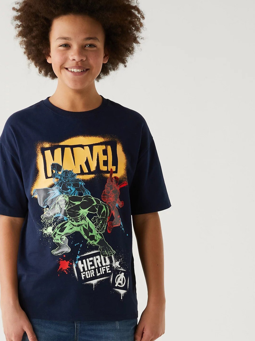 

Marks & Spencer Boys Marvel Printed Cotton T-shirt, Navy blue