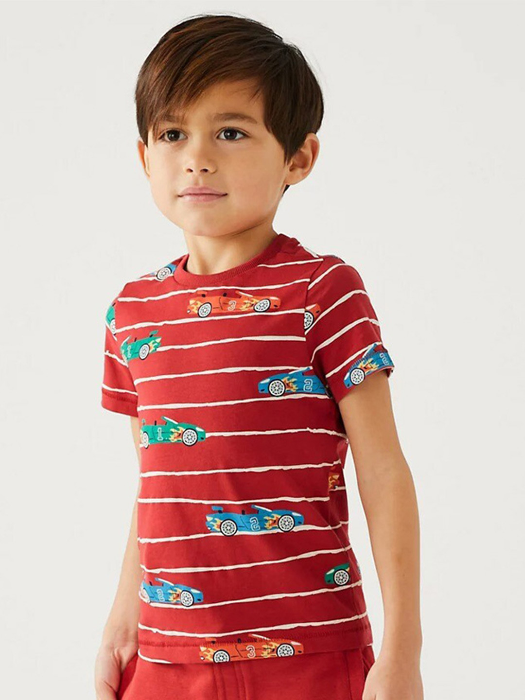 

Marks & Spencer Boys Striped Pure Cotton T-Shirt, Red