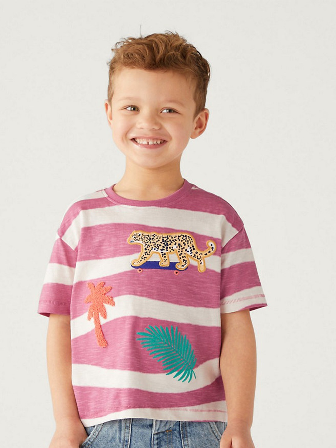

Marks & Spencer Boys Striped Pure Cotton T-shirt, Pink