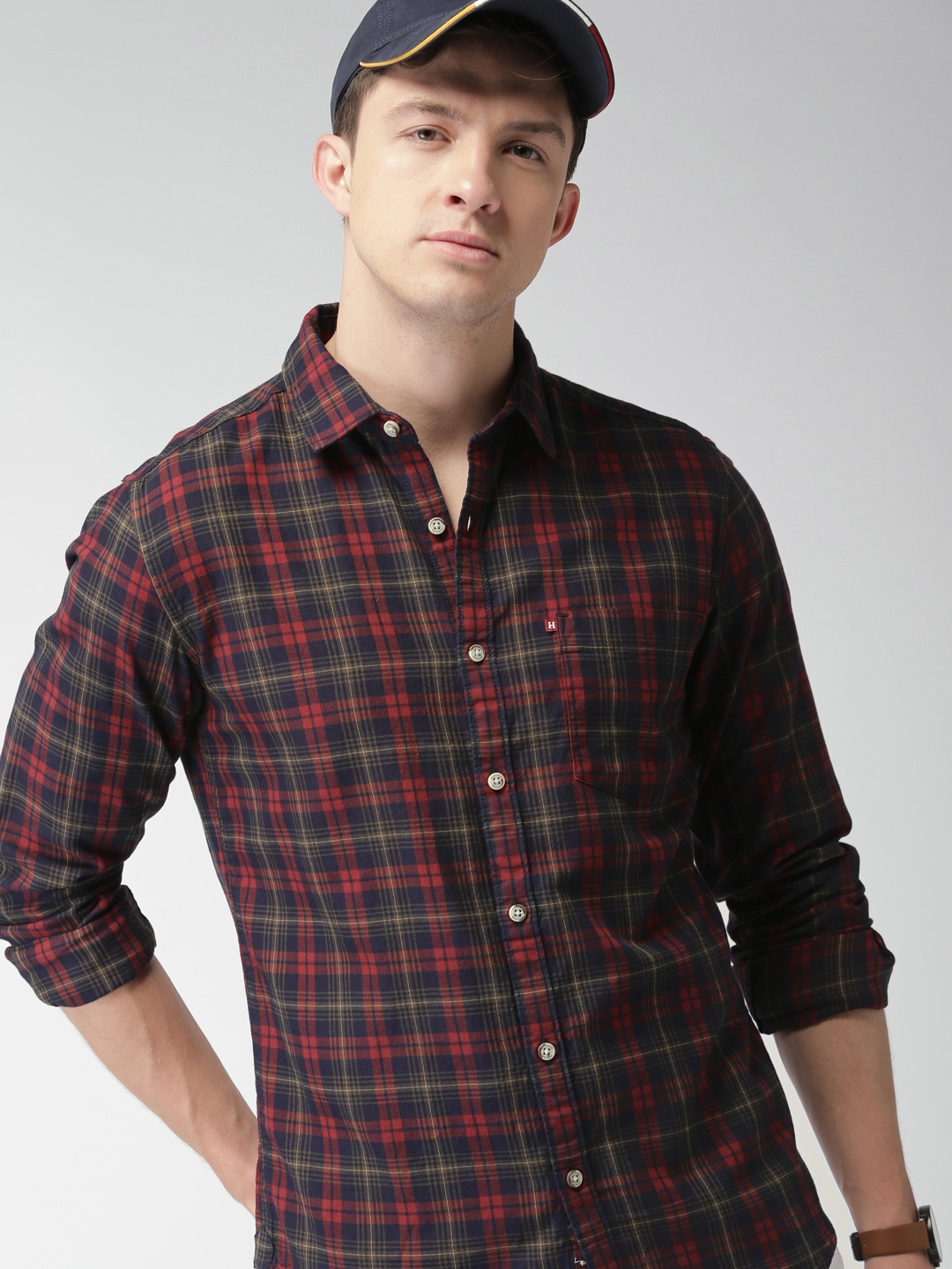 

Harvard Men Navy & Brown Slim Fit Checked Sustainable Casual Shirt, Navy blue