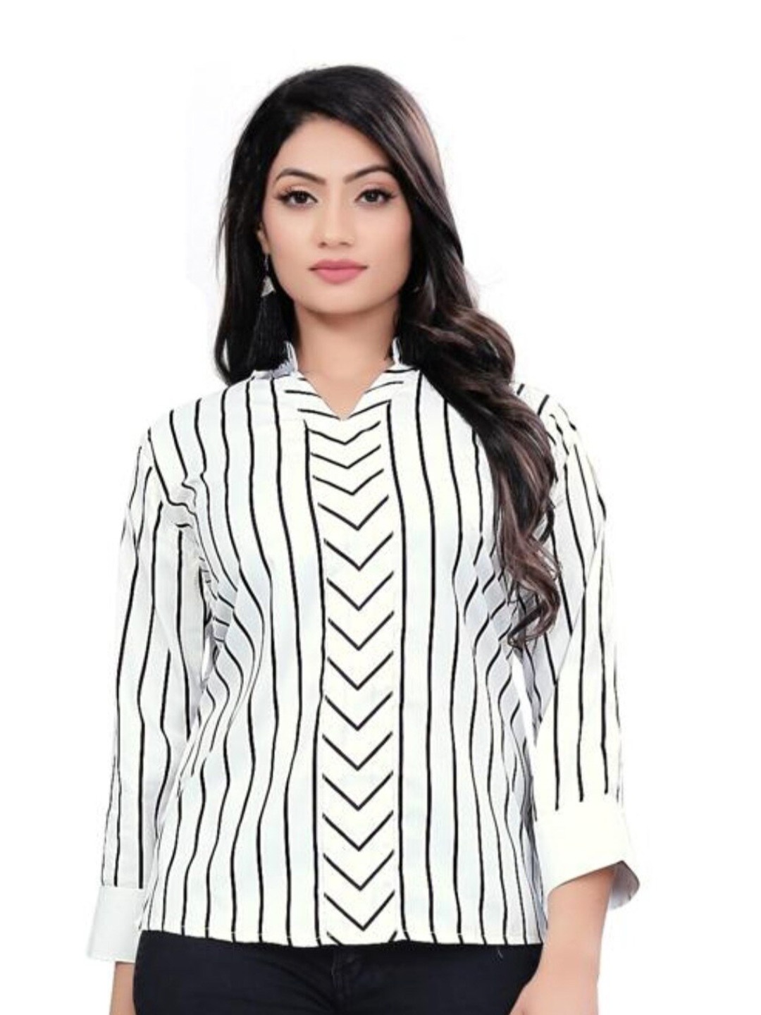

White World Multi Striped Mandarin Collar Cotton Casual Top, Black
