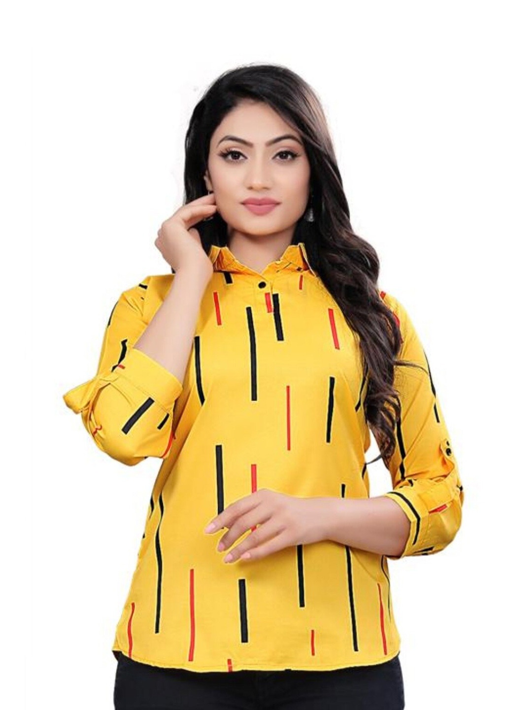 

White World Vertical Striped Roll Up Sleeves Cotton Casual Top, Yellow