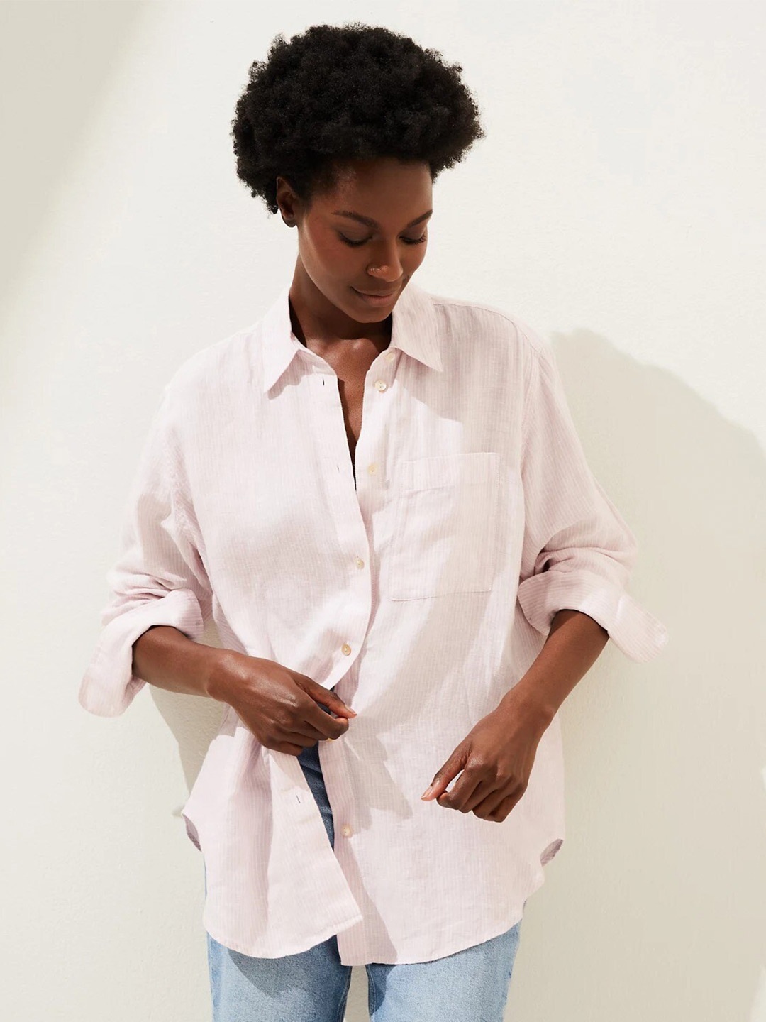 

Marks & Spencer Striped Pure Linen Longline Casual Shirt, Pink
