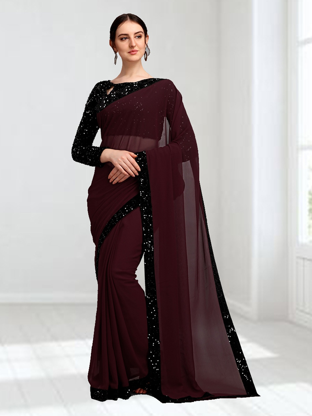 

N N ENTERPRISE Sequinned Bordered Saree, Brown