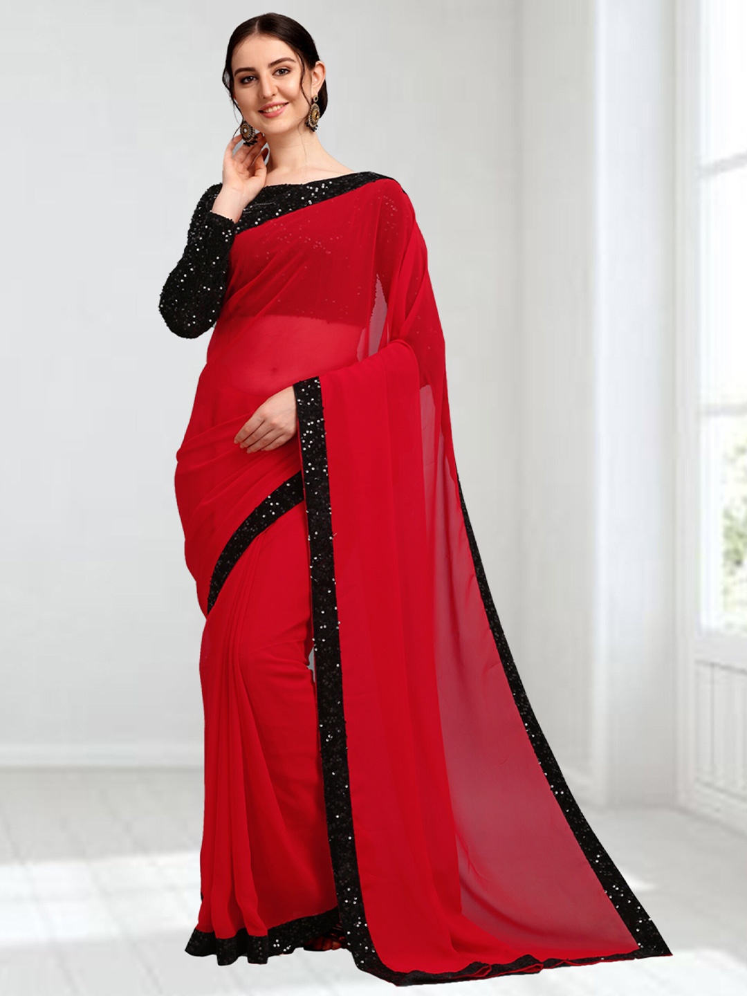 

N N ENTERPRISE Embellished Bordered Saree, Red