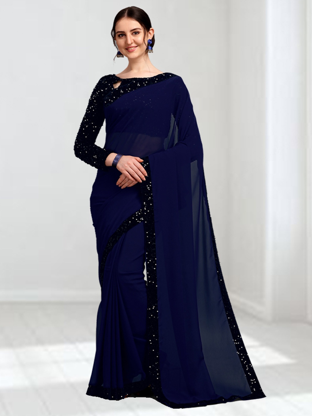 

N N ENTERPRISE Embellished Sequinned Saree, Blue