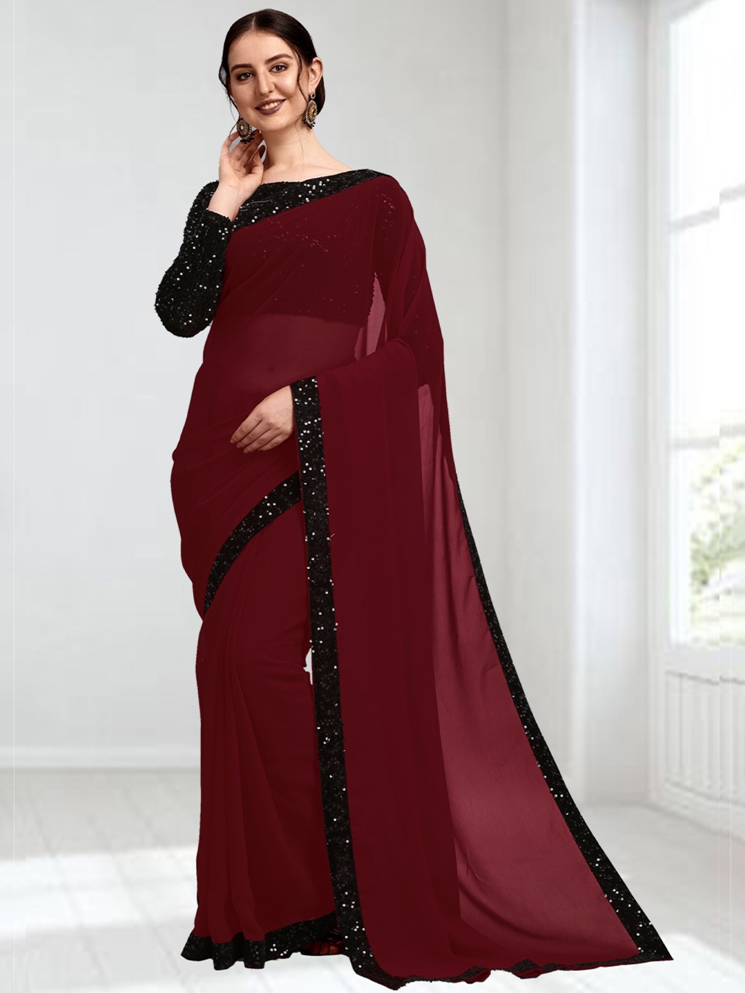 

N N ENTERPRISE Embellished Sequinned Saree, Maroon