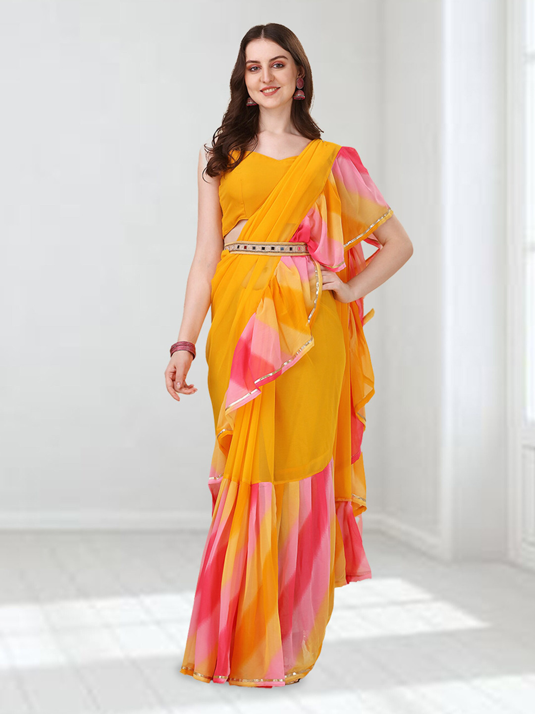 

N N ENTERPRISE Pure Georgette Ruffles Saree, Yellow