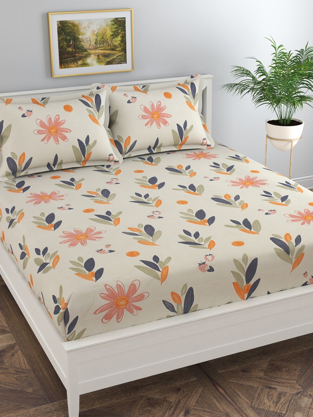 

Florida Beige & Peach-Coloured Floral 180 TC Queen Bedsheet with 2 Pillow Covers
