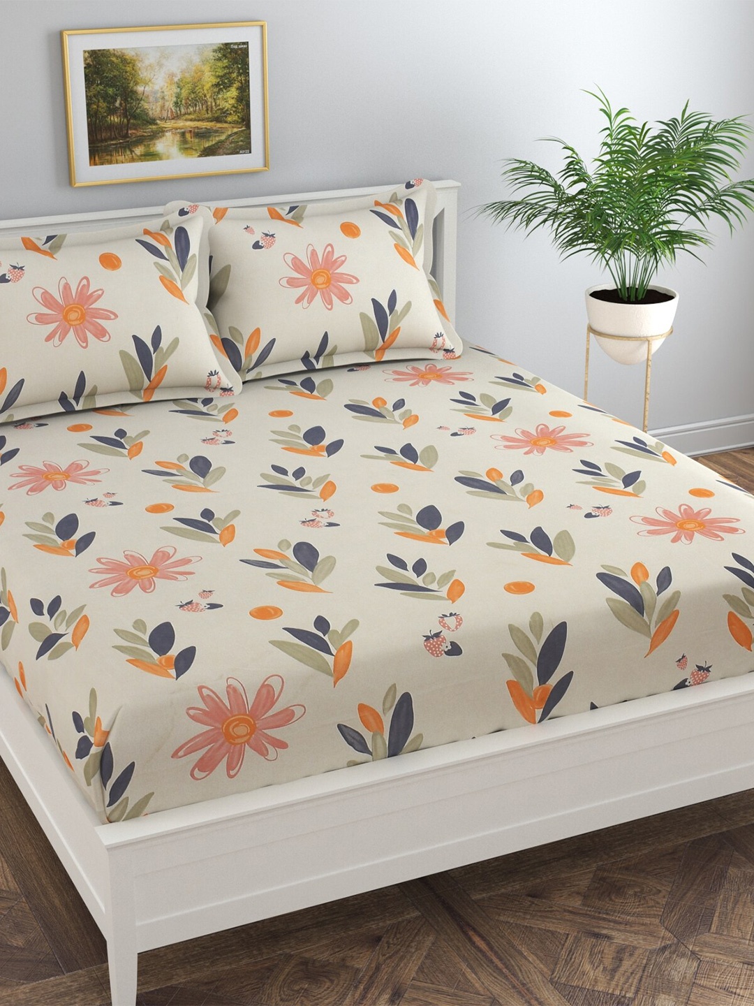 

Florida Beige & Green Floral 180 TC King Bedsheet with 2 Pillow Covers