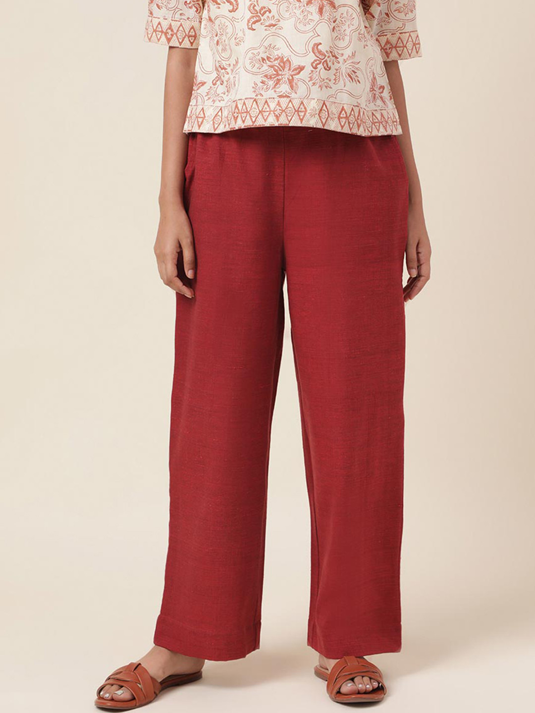 

Fabindia Women Comfort Fit Mid-Rise Cotton Trousers, Red