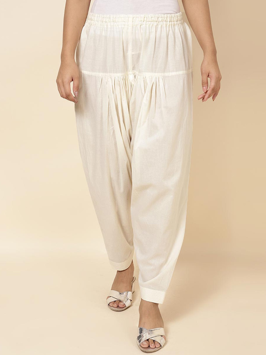 

Fabindia Women Loose-Fit Pleated Cotton Salwar, Cream