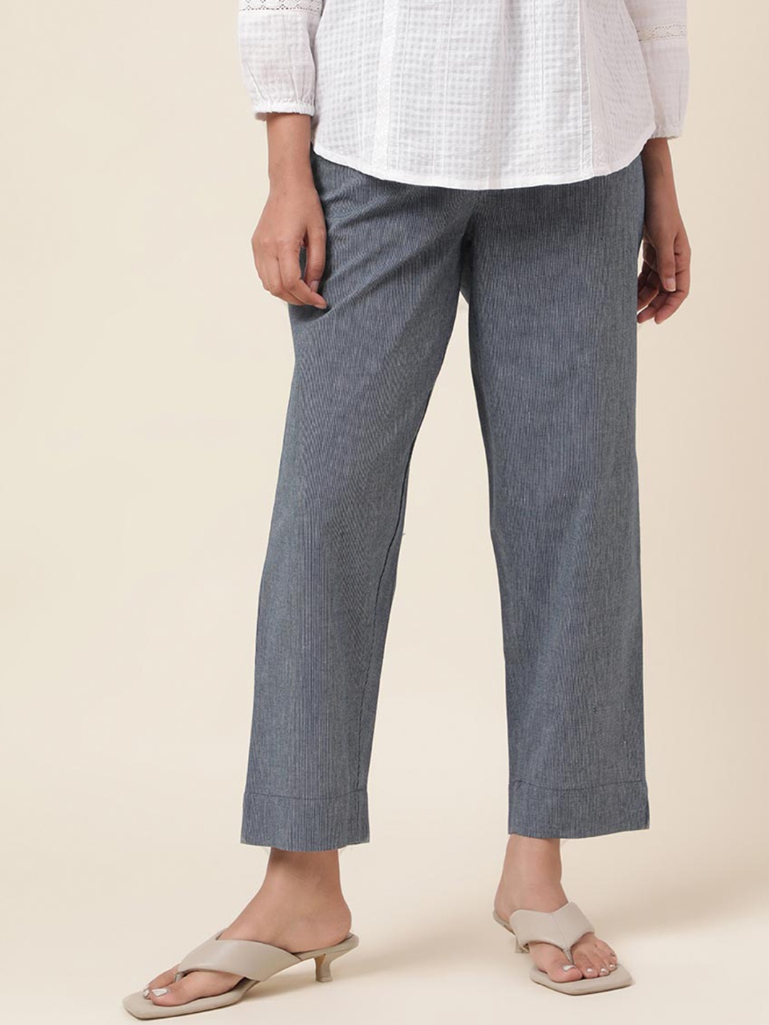 

Fabindia Women Comfort Fit Mid-Rise Cotton Trousers, Blue