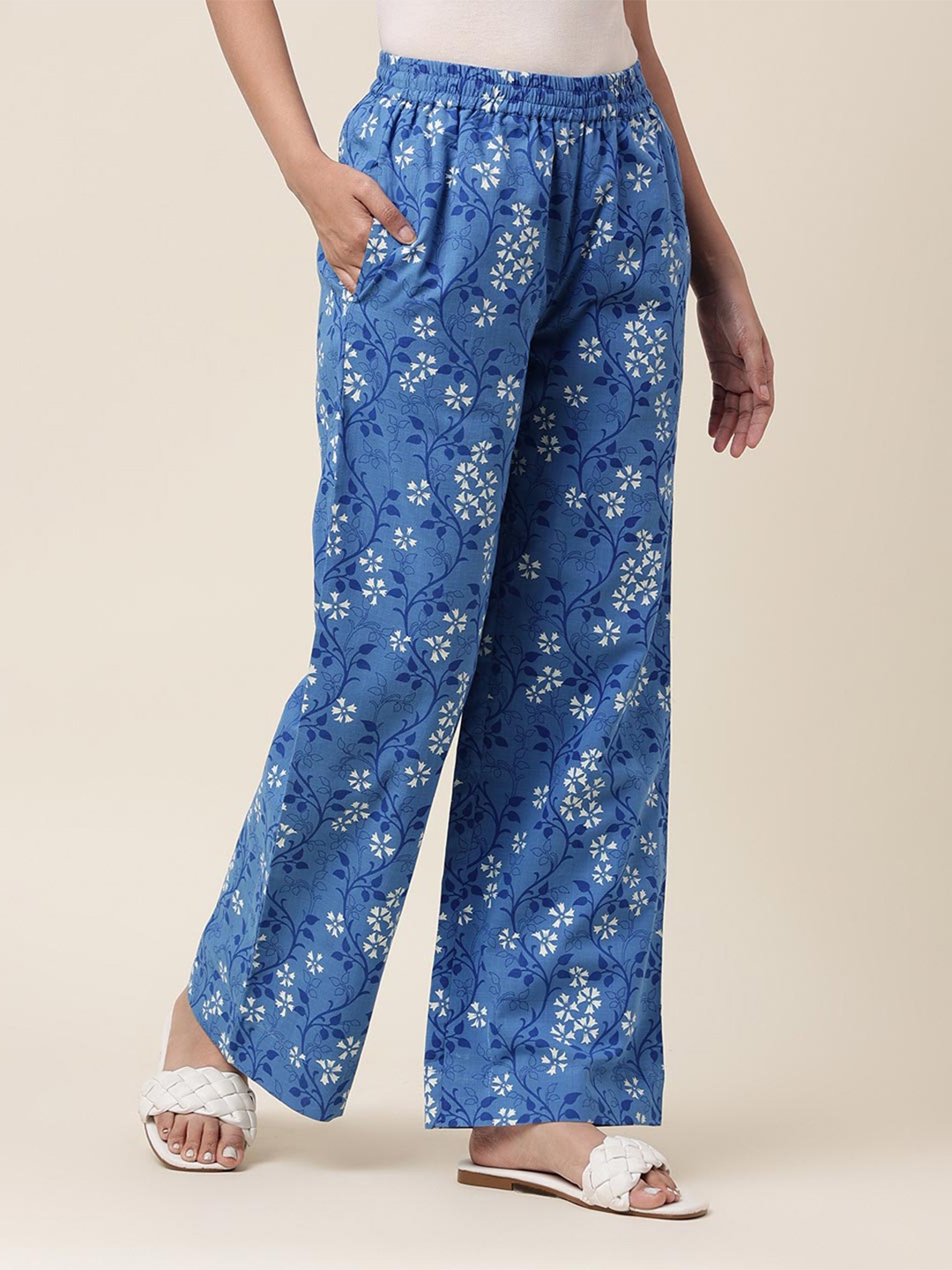 

Fabindia Women Floral Printed Cotton Palazzos, Blue