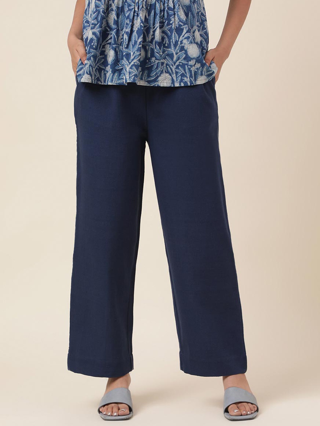 

Fabindia Women Comfort Fit Mid-Rise Cotton Trousers, Navy blue