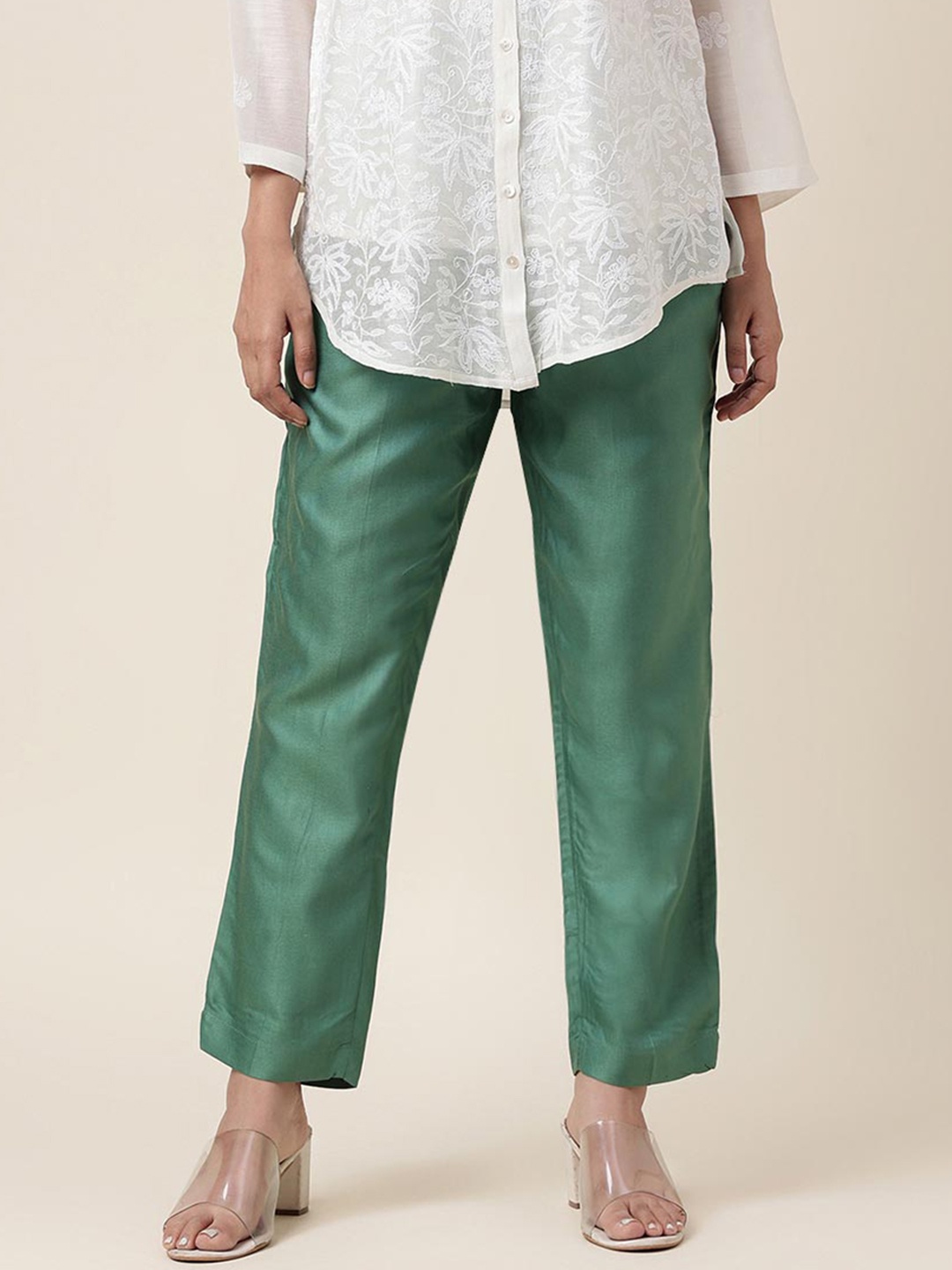 

Fabindia Women Slim Fit Plain Regular Trousers, Green