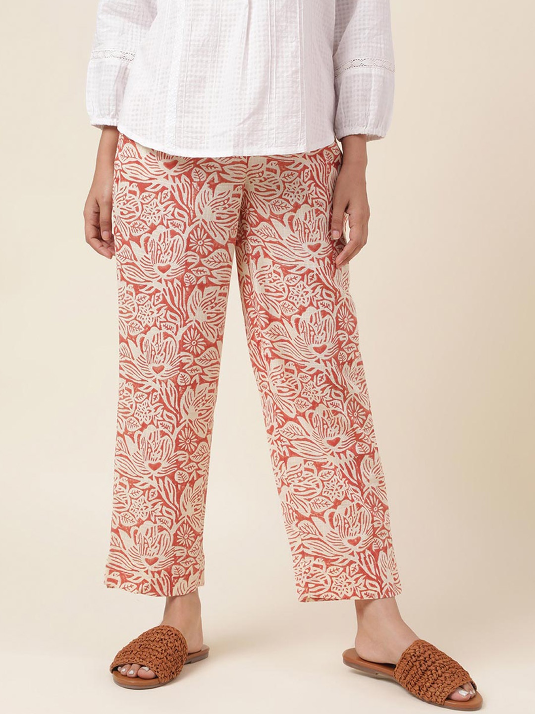 

Fabindia Women Floral Printed Plain Tapered Fit Cotton Regular Trousers, Coral