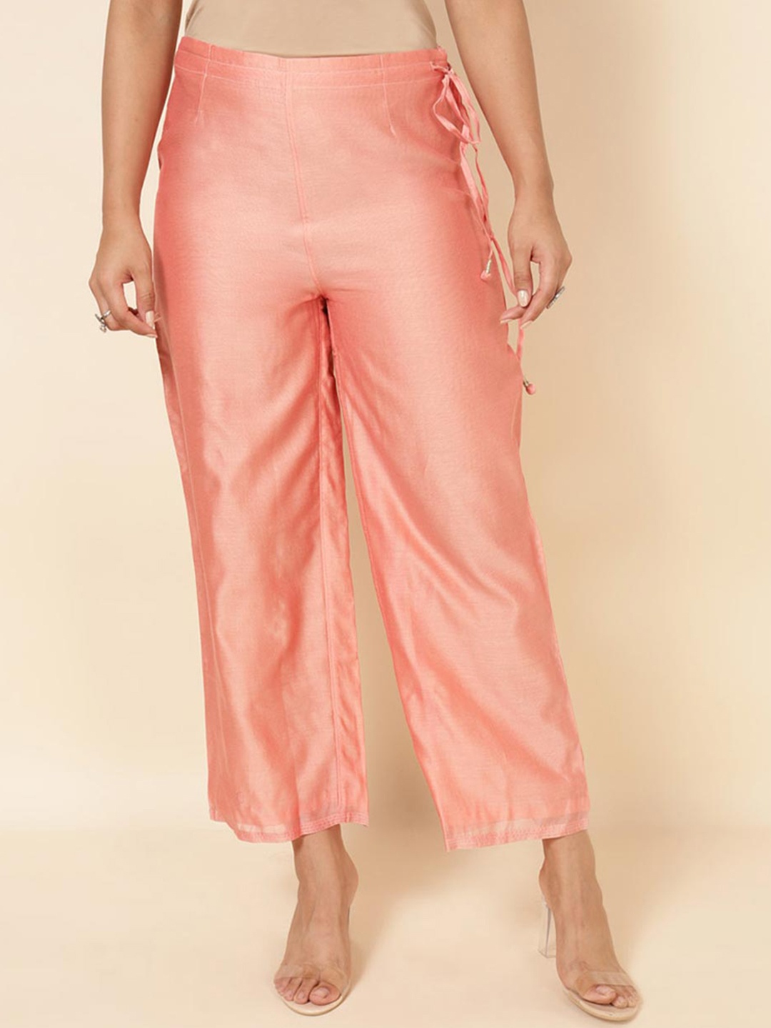 

Fabindia Women Cotton Silk Plain Parallel Trousers, Coral