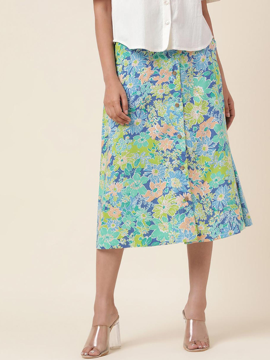 

Fabindia Women Floral Printed Slim Fit Midi Skirt, Blue