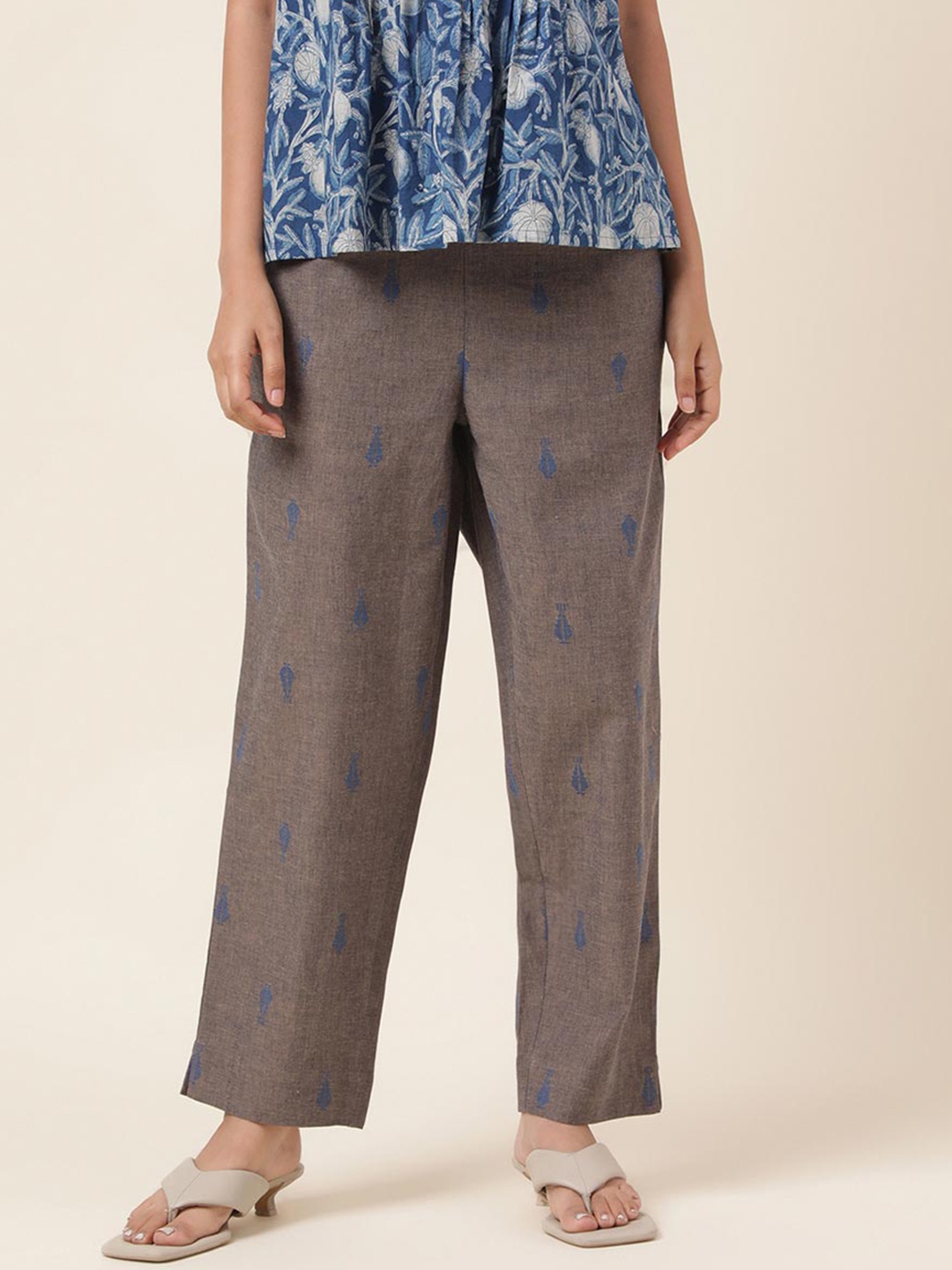 

Fabindia Women Ethnic Motif Printed Trousers, Grey