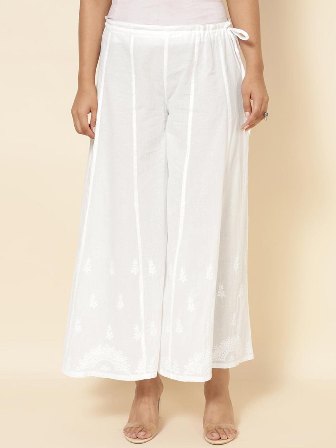 

Fabindia Women Floral Embroidered Flared Cotton Parallel Trousers, White