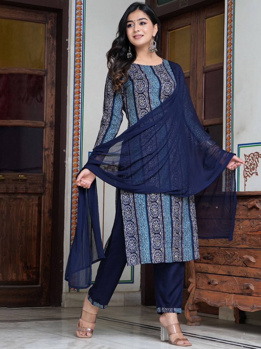 

Hatheli Ethnic Motifs Printed Mirror Work Kurta With Trousers & Dupatta, Blue